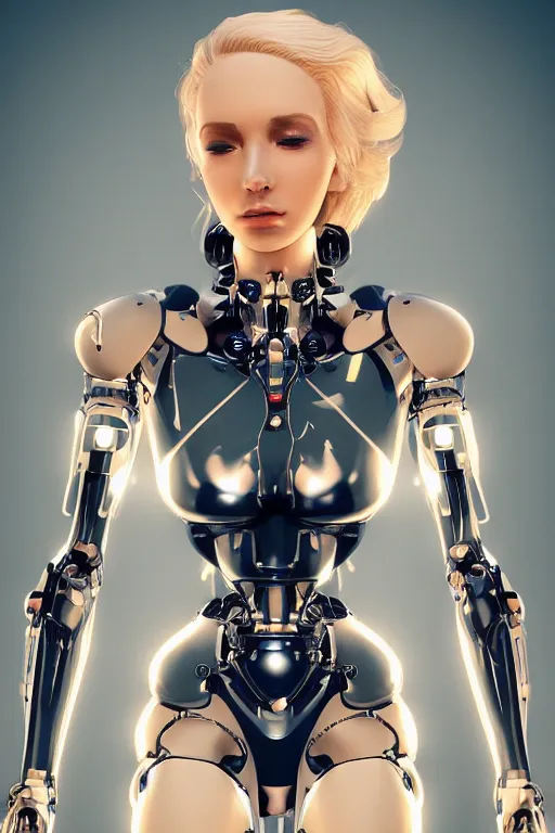 Image similar to a beautiful woman with blonde hair wearing robot suit with wires and light, highly detailed, photorealistic, artstation, smooth