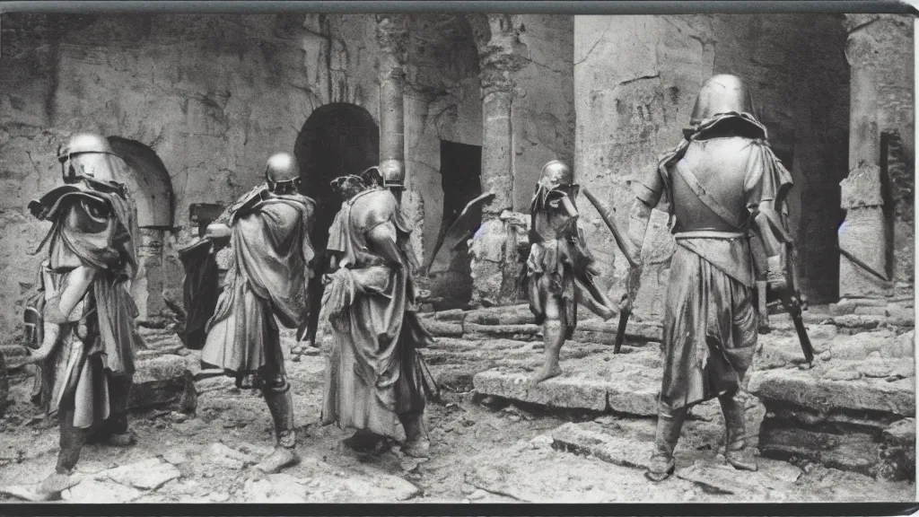 Prompt: polaroid of a ancient roman soldiers candid shots by Tarkovsky