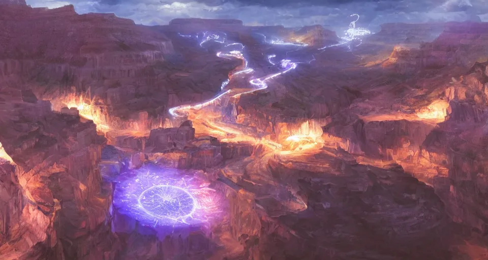 Image similar to night, a lot of people and a spiral - shaped white luminous attractor is floating in grand canyon, concept art, art for the game, professional lighting, art