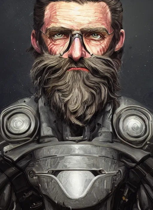 Prompt: Portrait of John Brown from Torrington with a long beard wearing futuristic power armor, fantasy, intricate, highly detailed, digital painting, trending on artstation, sharp focus, illustration, style of Stanley Artgerm and Dan Mumford