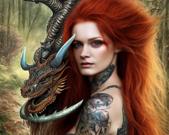 Image similar to 5 5 mm portrait of an armored gorgeous anesthetic redhead woman with a face tattoo and horns growing from her head, and small dragon sitting on her shoulder in a magical forest in the style of stefan kostic, art by luis royo. highly detailed 8 k. intricate. lifelike. soft light. nikon d 8 5 0. cinematic post - processing