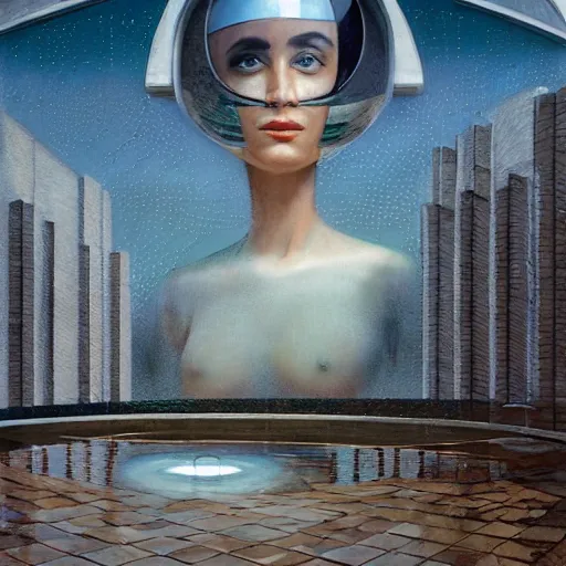 Prompt: detailed face of an arabic woman, travertine and stainless steel courtyard, moon pool, glass block, tectonic sky, skydome, reactor, utopian, tech noir, wet reflections, prism, atmospheric, ambient, pj crook, syd mead, livia prima, artgerm, greg rutkowski, nick alm, casey baugh