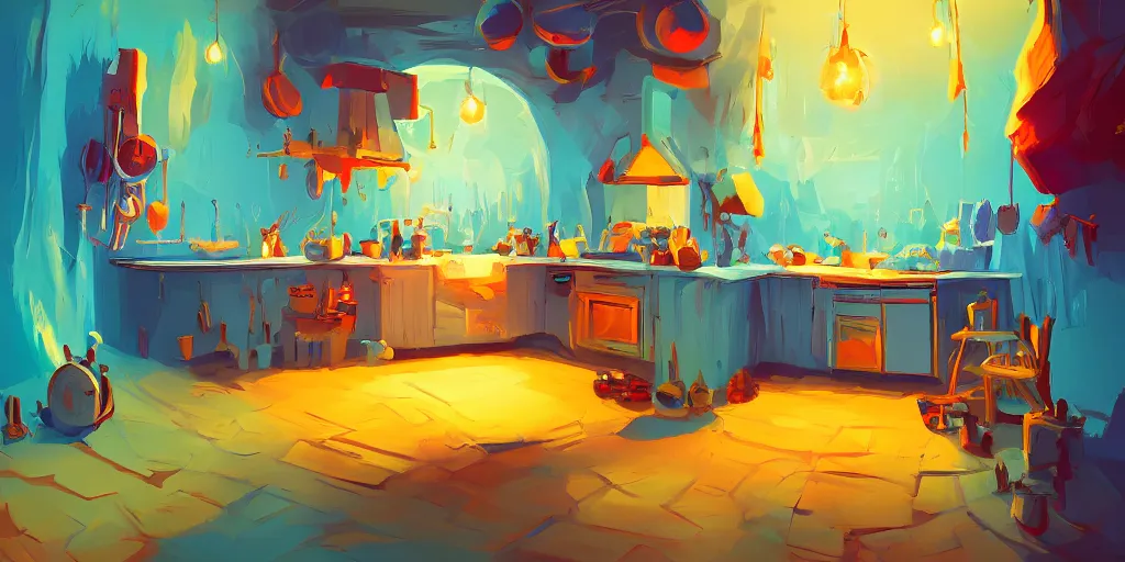 Image similar to weird perspective epic illustration of a kitchen dim lit by 1 candle in a scenic environment by Anton Fadeev