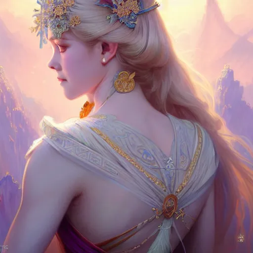 Image similar to elegant Chinese princess, D&D, blue eyes, blonde hair, fantasy, intricate, elegant, highly detailed, digital painting, artstation, concept art, smooth, sharp focus, illustration, art by artgerm and greg rutkowski and alphonse mucha