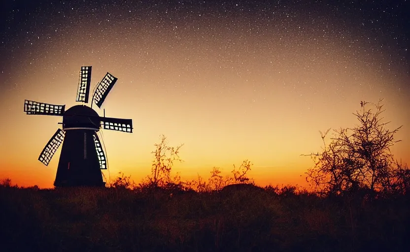 Prompt: “ sunset windmill with meteor shower in the background, cinematic, award winning ”