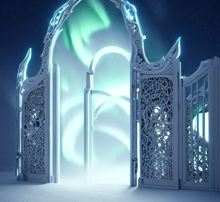 Image similar to a very detailed concept art of intricate and modern white gates to aurora borealis infused with magic, dynamic lighting trending on artstation, symmetry, digital art, 4 k, hyper realistic, octane render, sharp focus