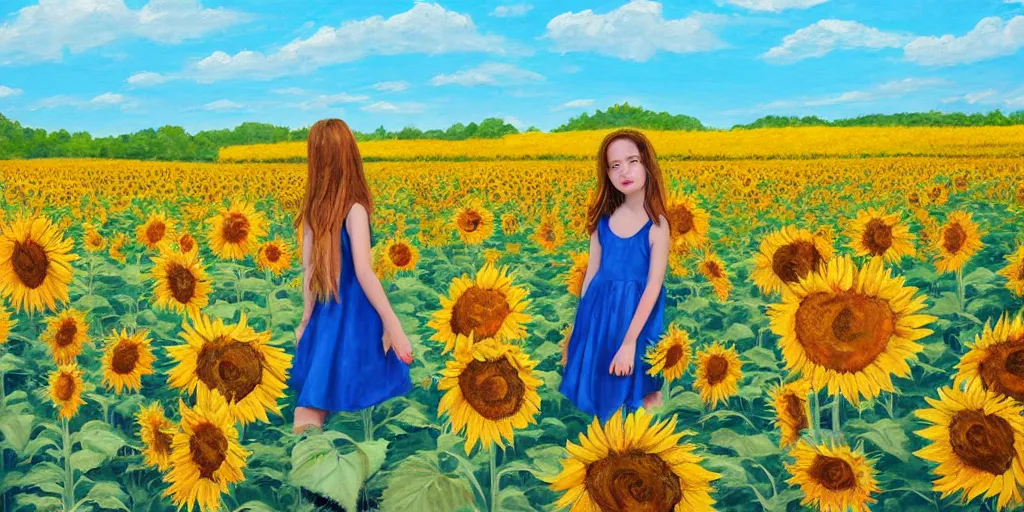 Image similar to painting of a girl standing in a field of sunflowers with blue sky above