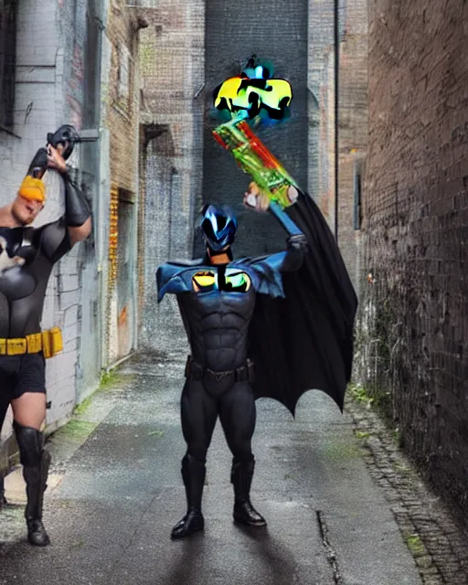 Image similar to happy batman firing super soaker water gun at playful criminals in an alleyway, everyone having fun, product advertisement, photogenic photograph