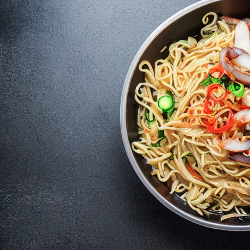 Image similar to a pot full of squid yakisoba inside a chinese restaurant, 4K photo, zoom, award winning, background blur