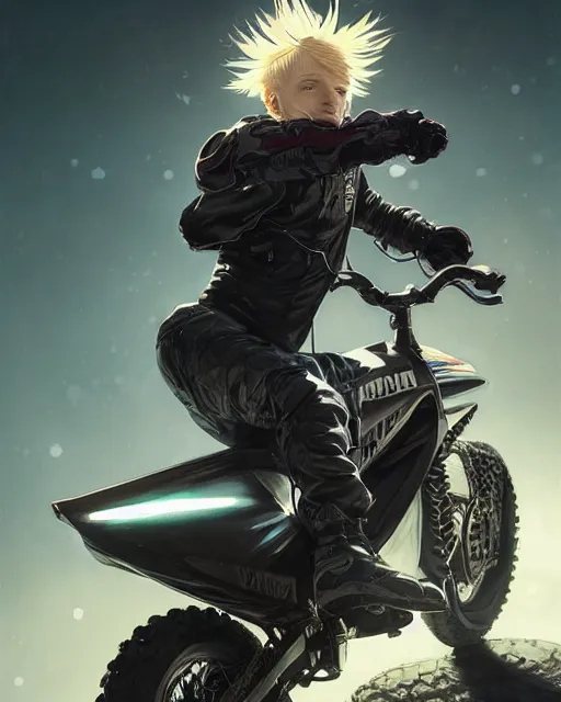 Image similar to beautiful blonde teenage boy wearing cyberpunk intricate streetwear riding dirt bike, beautiful, detailed portrait, cell shaded, 4 k, concept art, by wlop, ilya kuvshinov, artgerm, krenz cushart, greg rutkowski, pixiv. cinematic dramatic atmosphere, sharp focus, volumetric lighting, cinematic lighting, studio quality