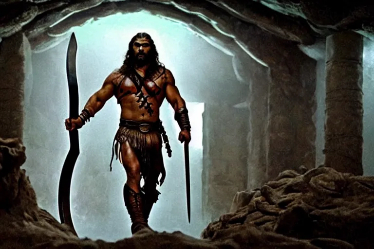 Image similar to film still from conan the barbarian, jason momoa as conan holding a giant sword with both hands above his head, in the catacombs of evil, fantasy armor, volumetric lighting, mist, wet skin and windblown hair, muscular!!!, heroic masculine pose, ridley scott