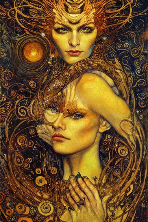 Image similar to Divine Chaos Engine by Karol Bak, Jean Deville, Gustav Klimt, and Vincent Van Gogh, beautiful visionary mystical portrait, sacred, otherworldly, fractal structures, ornate gilded medieval icon, third eye, spirals