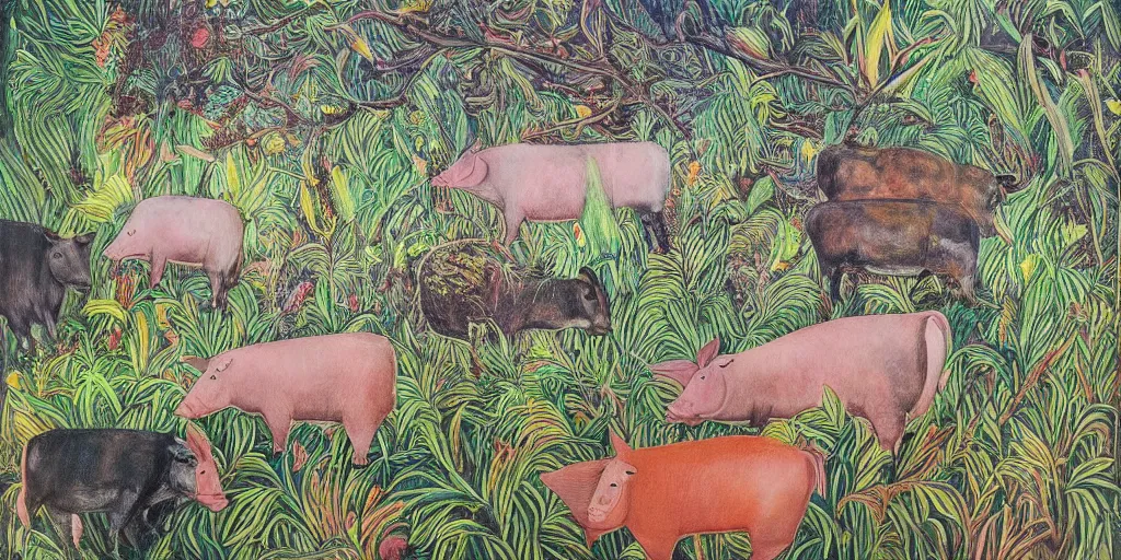 Prompt: “art in an Australian artist’s apartment, pigs, organic, female forms, national Art School MFA, Eora, Gadigal, sacred feminine, lesbian, bovine, grass and weeds, Australian bush, womanhood”