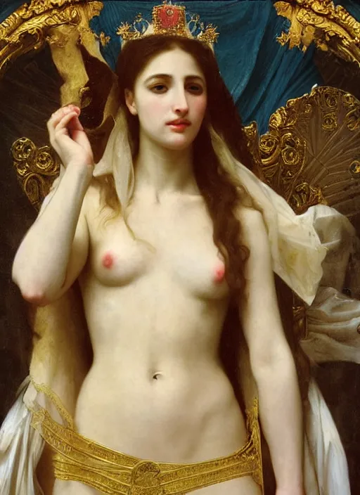 Image similar to oil painting of portait Queen of Ecstasy in a large throne room, Hungarian, by Bouguereau, by Georgia o Keeffe, by Georges Moreau