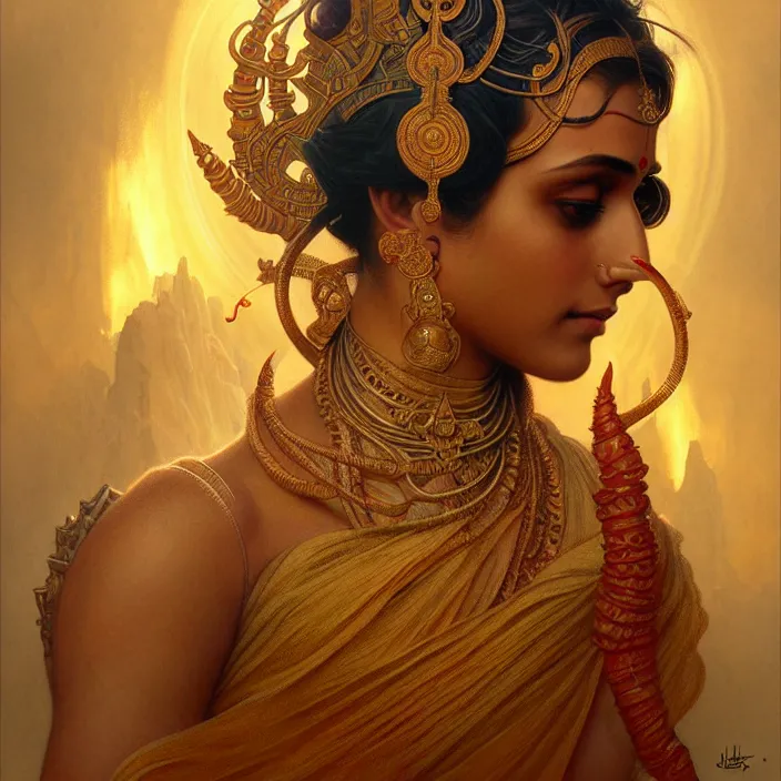 Prompt: hindu cyborg, lakshmi, diffuse lighting, fantasy, intricate, elegant, highly detailed, lifelike, photorealistic, digital painting, artstation, illustration, concept art, smooth, sharp focus, art by john collier and albert aublet and krenz cushart and artem demura and alphonse mucha