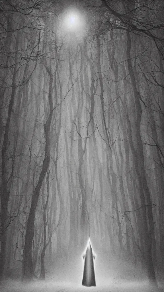 Prompt: photo of a mystical figure in occult robes in a dark misty forest opens a portal to hell, highly detailed, epic