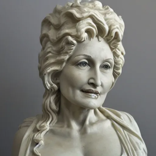 Prompt: marble sculpture of dolly parton as a greek heroic figure, tragedy, somber, masterpiece