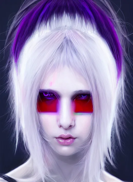 Image similar to hair whitebangs hair, black cyberlox, portrait of normal teenage girl, white bangs, messy bangs, fluffy bangs, cyberlox, whitebangs, red contact lenses, purple background, intricate, elegant, highly detailed, digital painting, artstation, concept art, sharp focus, smooth, illustration, art by wlop, mars ravelo and greg rutkowski