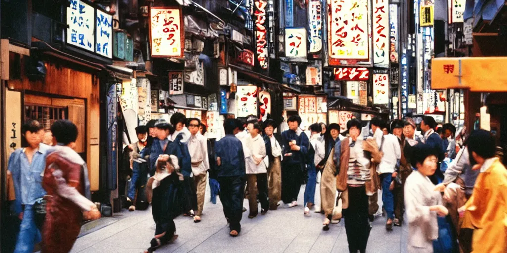 Image similar to street photography of an izakaya midday, people in 9 0 s fashion, in tokyo shinjuku, shot on kodak gold with a canon 3 5 mm lens aperture f / 5. 6, masterful photography by haruto hoshi and yang seung - woo and saul leiter, hyper - realistic