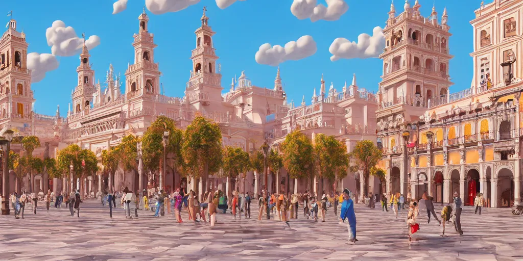 Image similar to ultra detailed and realistic painting of la plaza nueva ( seville ) inspired by very beautiful cute and colored disney movie backgrounds, rendered in 8 k unreal engine