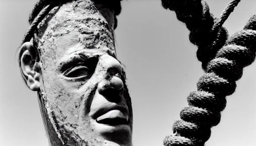 Image similar to 1 9 6 0 s movie still close - up of marcus atilius regulus'face tied with ropes at a pole with wide - open eyes looking directly at the burning sun, his eyes are bleeding intense, cinestill 8 0 0 t 3 5 mm b & w, high quality, heavy grain, high detail, texture, dramatic light