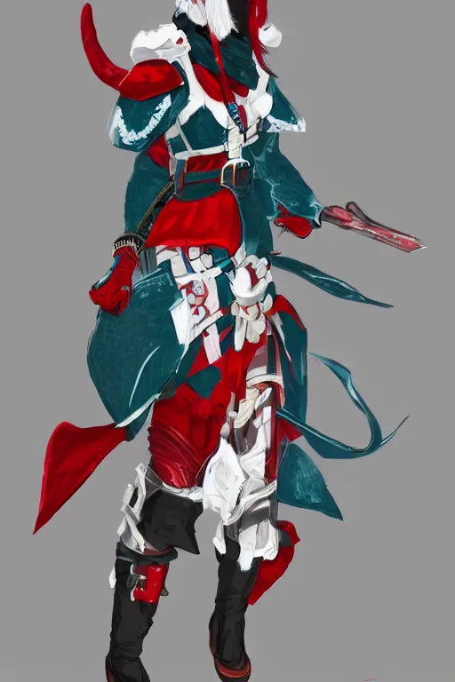 Image similar to female adventurer in tight full - body teal leather armor of japanese design with red accents and a white porcelain crow mask, trending in artstation, establishing shot