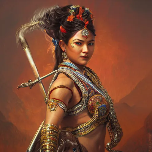 Prompt: portrait painting of a nepali female warrior, wearing sari, riding a horse, ultra realistic, concept art, intricate details, eerie, highly detailed, photorealistic, octane render, 8 k, unreal engine. art by artgerm and greg rutkowski and alphonse mucha
