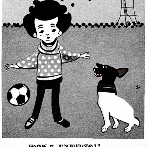 Image similar to book illustration of a french boy on the streets of paris playing football against a corgi, the dog is wearing a polka dot scarf, 1 9 6 6