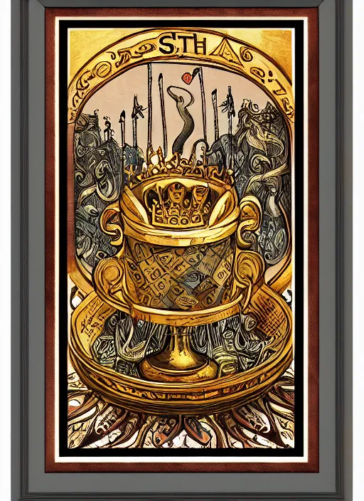 Image similar to sloth as the king of cups, copper cup, coper crown, poster framed, intricate details, medieval art style, high contrast, posterized