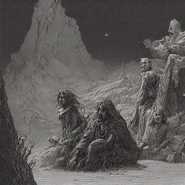 Image similar to etching by Franklin Booth and Gustav Doré showing frightened sorcerer in the desert by night, surrounded by nightmares in the shadows, mystic athmosphere, by Greg Rutkowski, deformed rocks, snakes, scorpions, UHD, 8K,