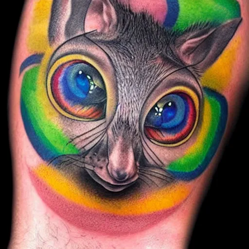 Prompt: shoulder tattoo of a multicolored trippy bushbaby with rainbow colored spiral eyes,