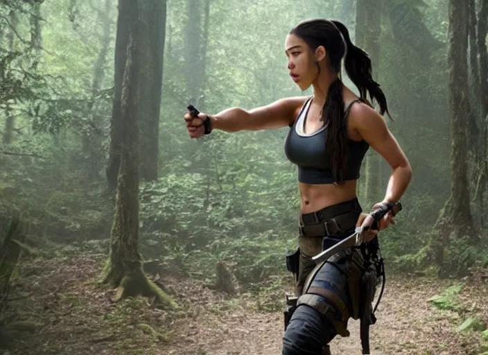 Image similar to film still of!!!! amber midthunder!!! as lara croft in new tomb raider movie, 8 k