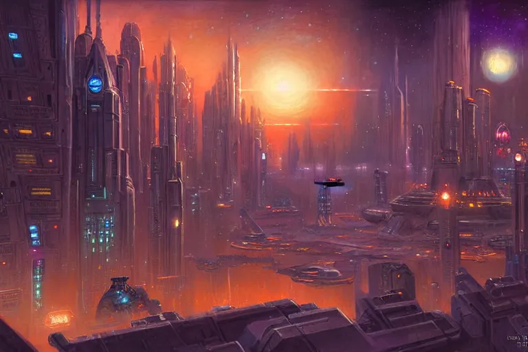Image similar to a scifi illustration, Night City on Coruscant by ralph horsley