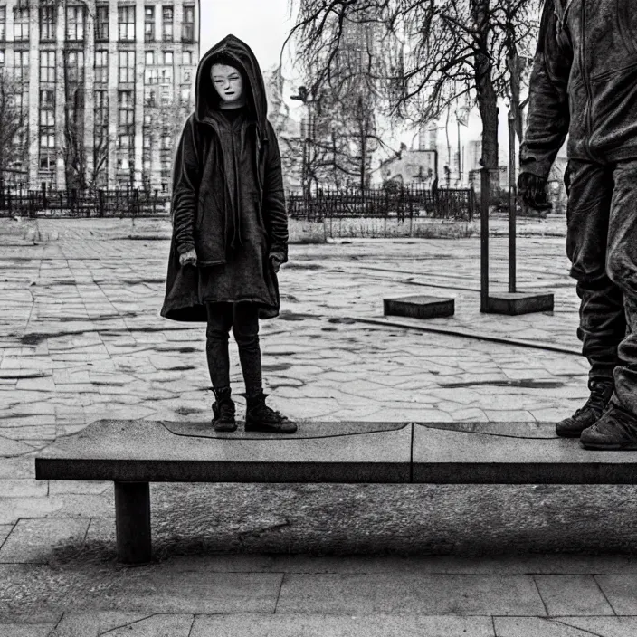 Image similar to storyboard : sadie sink in hoodie sat down on bench in ruined square, pedestrians walk by, old soviet monument nearby. scifi cyberpunk. by gabriel hardman. cinematic atmosphere, detailed and intricate, perfect anatomy