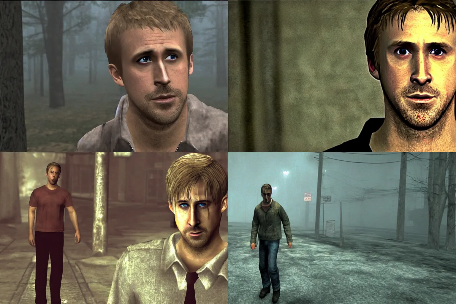 ryan gosling in silent hill 2, in-game screenshot, Stable Diffusion