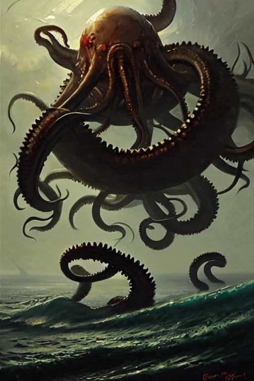 Image similar to greg rutkowski oil painting. kraken