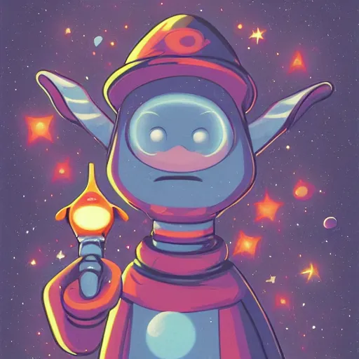 Prompt: cartoon, detailed, magic, staff, wizard robes, rubber hose, classic americana style, muted colors, space background, galaxy, stars, glowing eyes, diety, energy, magic, 9 0 s, retro