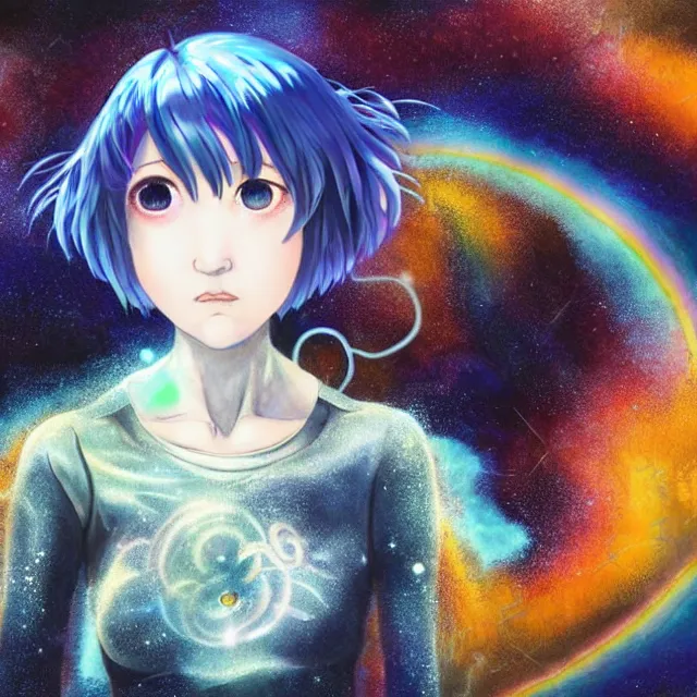 Image similar to rei ayanami, deep space, seascape, grimes, lain iwakura, silver hair, johfra bosschart, usagi, cut anime maid, cosmos, psychedelic flowers, black opal, rainbow aura quartz, organic, oni compound artwork, of character, render, artstation, portrait, wizard, beeple, art, fantasy, epcot, psychedelic glitchcore