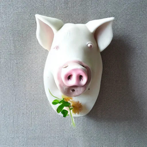 Image similar to “pig sculpture, mixed materials, pork, ikebana white flowers, white wax dripping”