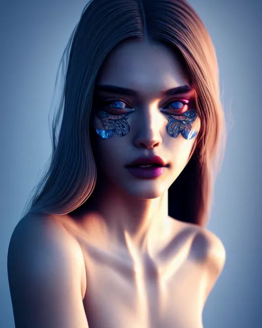 Image similar to beautiful female, attractive facial features, haze, model, intricate, symmetrical face, makeup, sephora, maybelline, studio, reflections, cinematic, filmic, vsco, concept art, artstation, elegant, model, gorgeous, vray, flim, octane render, ambient occlusion, prism details