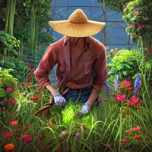 Prompt: slightly rusty nonhuman robot gardener in a straw hat, waters flowers, highly detailed, texture, background greenhouse, mild dreamy professional lighting, digital art, smooth, sharp focus, illustration, wide angle shot, full body visible, art by artgerm, by rutkowsky, from Treasure Planet,