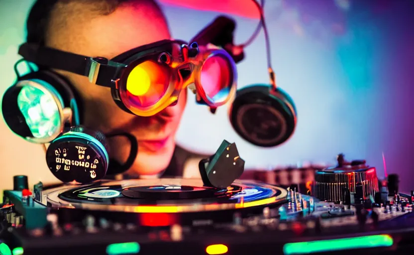 Image similar to a person wearing goggles and visor and headphones using a retro clockwork record player contraption, wires and tubes, turntablism dj scratching, intricate planetary gears, cinematic, imax, sharp focus, leds, bokeh, iridescent, black light, fog machine, hazy, lasers, hyper color digital art