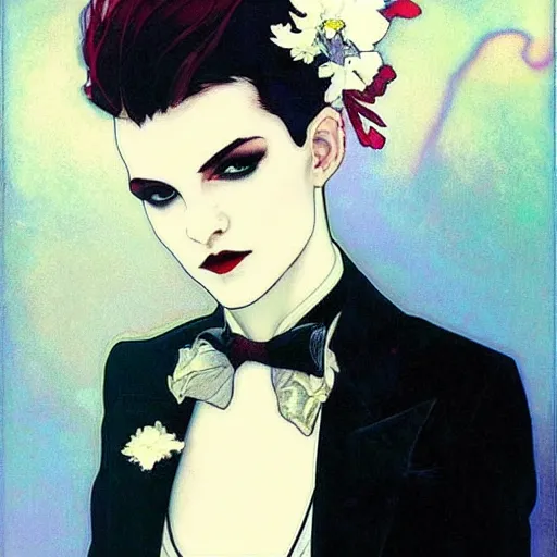 Image similar to aesthetic portrait of androgynous ruby rose as desire from sandman in a white tuxedo!!!, rockabilly style,, by alphonse mucha, by jeremy mann, by peter lindbergh, dave mckean, by frank moth, white suit and black tie, soft lightning, high detailed, 8 k