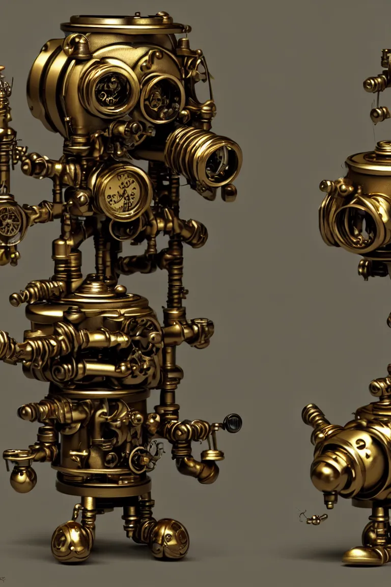 Prompt: a tiny cute steampunk dieselpunk gothicpunk monster with golden pistons and black belts and camshaft pulley and one small machine gun turret and one tiny missile launcher and one small jet engine and big eyes smiling and waving, back view, isometric 3d, ultra hd, character design by Mark Ryden and Pixar and Hayao Miyazaki, unreal 5, DAZ, hyperrealistic, Cycles4D render, Arnold render, Blender Render, cosplay, RPG portrait, dynamic lighting, intricate detail, summer vibrancy, cinematic, centered, focused, sharp