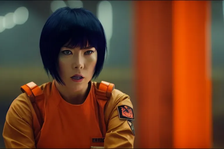 Image similar to major motoko wearing an orange prison jumpsuit, photography by fred palacio medium full shot still from bladerunner 2 0 4 9, sci fi, bladerunner, canon eos r 3, f / 3, iso 2 0 0, 1 / 1 6 0 s, 8 k, raw, unedited