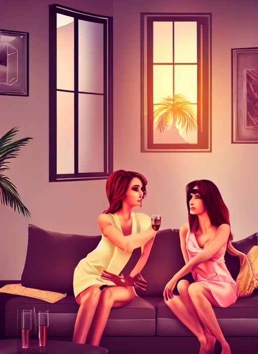 Prompt: two beautiful housewives in the living room on a hot summer evening, gorgeous faces, thick lines, cinematic lighting, detailed photorealistic digital art