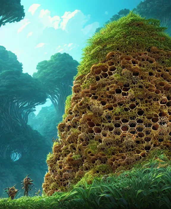 Image similar to an enormous hive bunker made out of exotic fungus, overgrown with huge fungus, cliff side, noon, sun drenched, partly cloudy, by dan mumford, yusuke murata, makoto shinkai, ross tran, cinematic, unreal engine, cel shaded, featured on artstation, pixiv