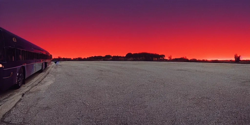 Image similar to an infinitely long greyhound bus never ending, sunset, eerie vibe, leica, 2 4 mm lens, cinematic screenshot from the 2 0 0 1 surrealist film directed by charlie kaufman, kodak color film stock, f / 2 2, 2 4 mm wide angle anamorphic