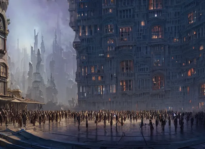 Image similar to a large group of people standing around a building, a detailed matte painting by stephan martiniere, cgsociety, fantasy art, concept art, matte painting, matte drawing