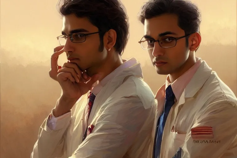 Image similar to Anxious good looking pale young Indian doctors wearing American clothes at the airport, portrait, elegant, intricate, digital painting, artstation, concept art, smooth, sharp focus, illustration, art by artgerm and greg rutkowski and alphonse mucha